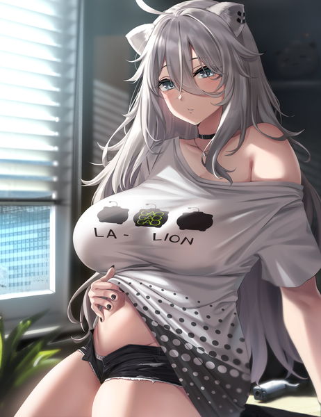 Anime picture 2250x2925 with virtual youtuber hololive shishiro botan ssrb (shishiro botan) shishiro botan (4th costume) moisture (chichi) single long hair tall image fringe highres breasts light erotic hair between eyes animal ears ahoge indoors nail polish grey hair sunlight