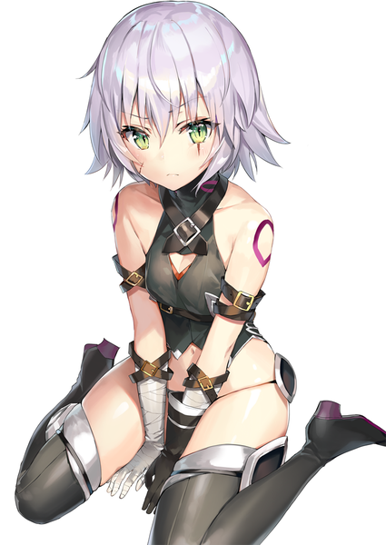 Anime picture 800x1130 with fate (series) fate/apocrypha jack the ripper (fate/apocrypha) momoko (momopoco) single tall image looking at viewer blush fringe short hair light erotic simple background hair between eyes white background sitting bare shoulders green eyes silver hair full body tattoo