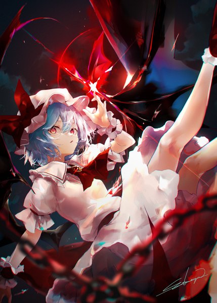 Anime picture 1296x1812 with touhou remilia scarlet sakusyo single tall image looking at viewer fringe short hair hair between eyes red eyes signed blue hair girl dress hat wings chain bonnet ascot