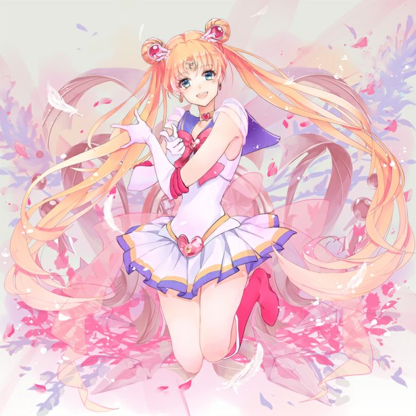 Anime picture 800x800 with bishoujo senshi sailor moon toei animation tsukino usagi sailor moon super sailor moon hina (xoxo) single looking at viewer fringe open mouth blue eyes blonde hair twintails very long hair hair bun (hair buns) jumping tsuki ni kawatte oshioki yo girl gloves hair ornament