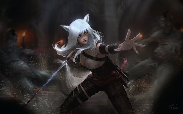 Anime picture 1280x800 with league of legends the witcher the elder scrolls the elder scrolls v: skyrim ahri (league of legends) raikoart long hair fringe breasts hair between eyes standing holding signed animal ears yellow eyes looking away cleavage silver hair indoors tail