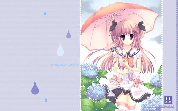 Anime picture 1400x875 with mitha wide image rain thighhighs ribbon (ribbons) serafuku umbrella indico lite il vol6
