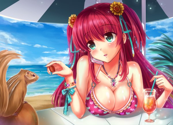 Anime picture 1400x1009 with original miazi long hair blush breasts open mouth blue eyes light erotic cleavage red hair two side up beach girl hair ornament swimsuit animal bikini sea pendant drink