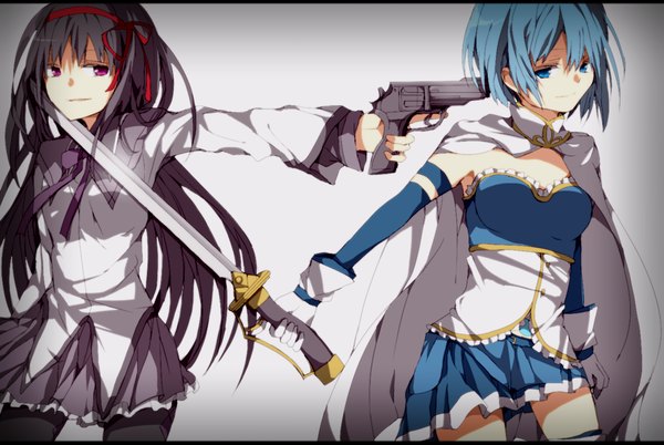 Anime picture 1400x939 with mahou shoujo madoka magica shaft (studio) akemi homura miki sayaka hiiragi fuyuki long hair short hair blue eyes purple eyes multiple girls aqua hair magical girl smirk girl skirt gloves ribbon (ribbons) weapon 2 girls hair ribbon