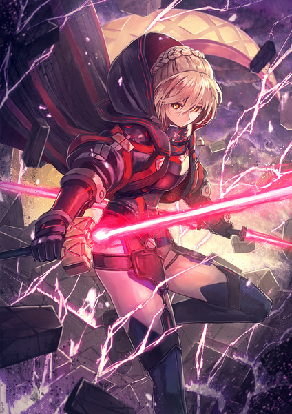 Anime picture 1302x1842 with fate (series) fate/grand order artoria pendragon (all) mysterious heroine x (alter) (fate) kuroi susumu single tall image looking at viewer fringe short hair blonde hair hair between eyes standing holding yellow eyes braid (braids) wind outstretched arm standing on one leg dual wielding