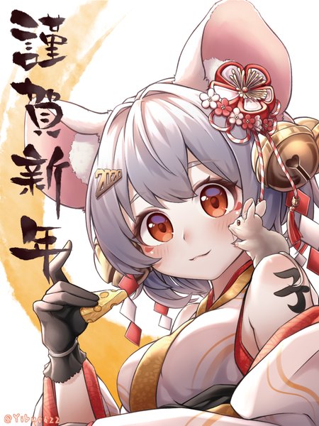 Anime-Bild 1920x2560 mit original nezumi7983 single tall image looking at viewer fringe highres short hair breasts smile red eyes signed animal ears white hair new year hair bell 2020 nengajou mouse ears zodiac