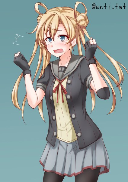 Anime picture 848x1200 with kantai collection abukuma light cruiser anti (0324) single long hair tall image blush fringe short hair open mouth simple background blonde hair hair between eyes signed payot looking away ahoge pleated skirt hair bun (hair buns) twitter username