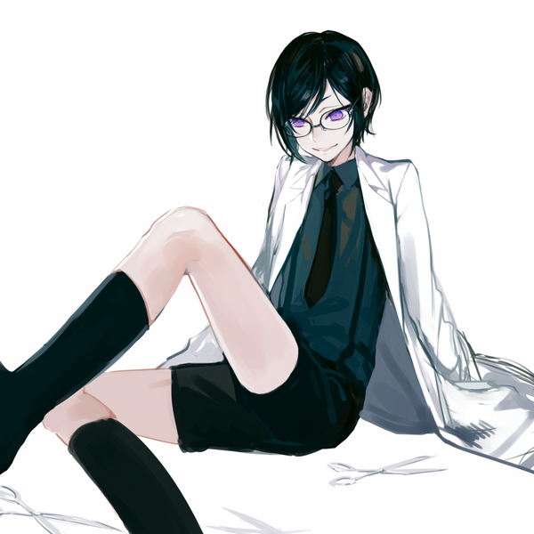 Anime picture 1000x1000 with touken ranbu nitroplus yagen toushirou saharan single short hair black hair simple background smile white background sitting purple eyes looking away boy socks glasses necktie shorts black socks suspenders