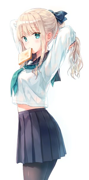 Anime picture 996x2000 with original kagurazaka reina hiten (hitenkei) single long hair tall image blush fringe blonde hair simple background standing white background holding ponytail pleated skirt aqua eyes mouth hold adjusting hair arms behind head food in mouth