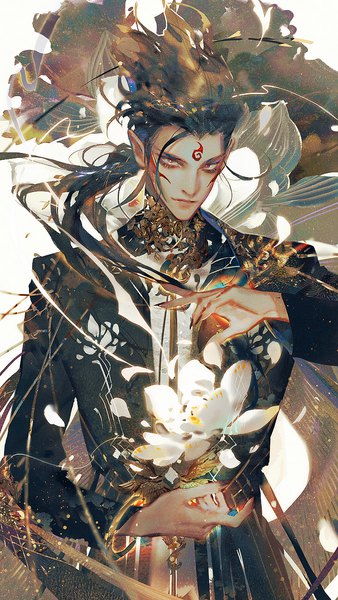 Anime picture 700x1243 with ne zha (2019 movie) nezha mlcamaro single long hair tall image looking at viewer black hair standing brown eyes nail polish fingernails pointy ears forehead mark boy flower (flowers) petals