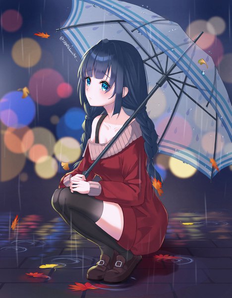 Anime picture 3125x4000 with original eunji0093 single long hair tall image blush fringe highres breasts blue eyes black hair holding signed payot looking away absurdres full body braid (braids) off shoulder twitter username