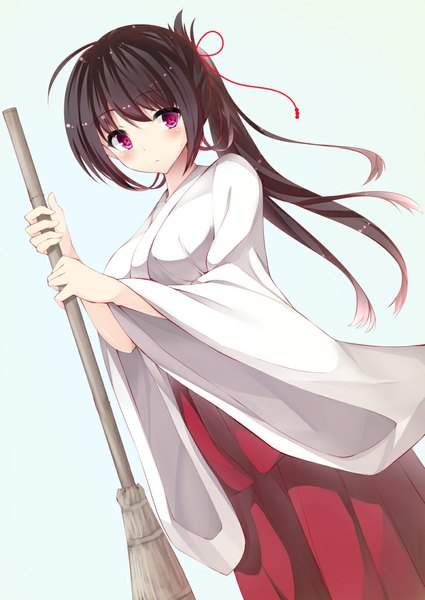 Anime picture 800x1130 with original iori (cpeilad) single long hair tall image looking at viewer blush black hair purple eyes ponytail traditional clothes japanese clothes miko girl broom hakama hakama skirt