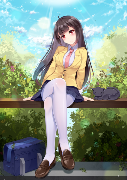 Anime picture 1425x2015 with original fengli (709622571) single long hair tall image looking at viewer blush fringe breasts black hair hair between eyes red eyes large breasts sitting payot sky cloud (clouds) full body bent knee (knees) long sleeves