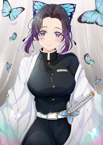 Anime picture 2894x4093 with kimetsu no yaiba ufotable kochou shinobu uiri-na single tall image looking at viewer blush highres short hair breasts black hair smile large breasts standing purple eyes payot traditional clothes japanese clothes off shoulder