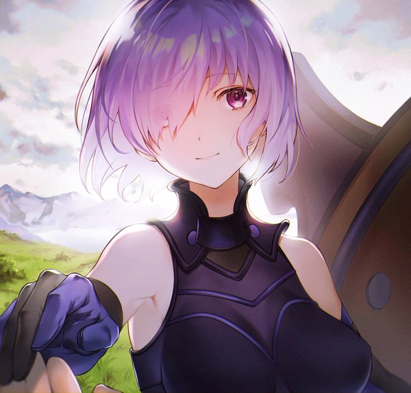 Anime picture 2194x2096 with fate (series) fate/grand order mash kyrielight tamayai single looking at viewer fringe highres short hair purple eyes purple hair upper body outdoors light smile hair over one eye outstretched hand girl gloves