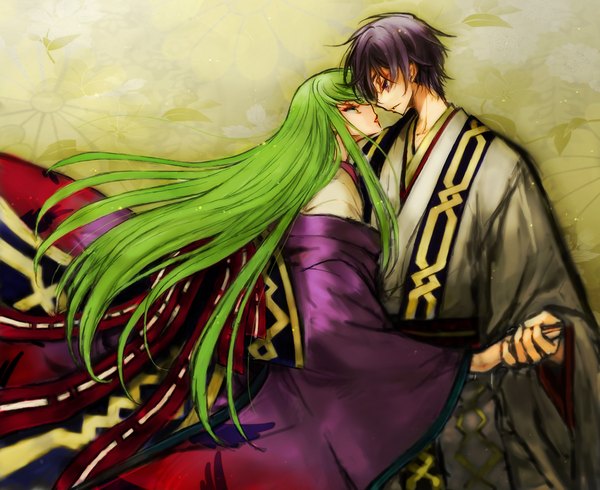 Anime picture 1000x818 with code geass sunrise (studio) c.c. lelouch lamperouge c (rahit) long hair fringe short hair black hair simple background green eyes profile green hair couple holding hands face to face girl boy