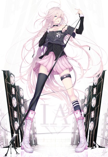 Anime picture 1267x1831 with vocaloid ia (vocaloid) marumoru single tall image looking at viewer blue eyes signed pink hair braid (braids) very long hair character names girl thighhighs skirt miniskirt choker socks boots black socks