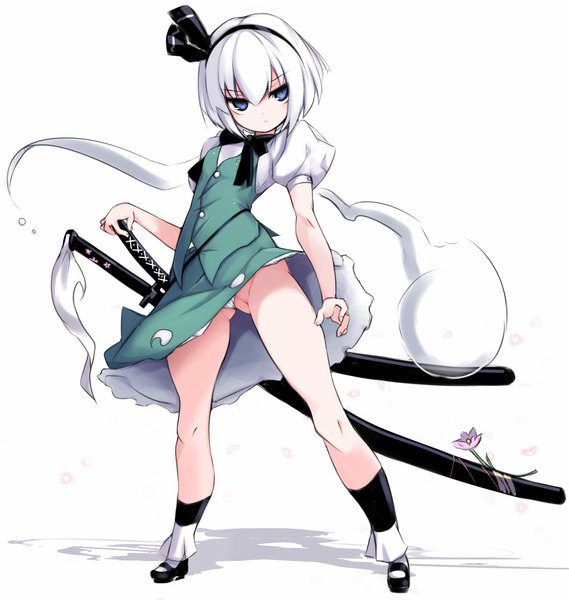 Anime picture 1423x1500 with touhou konpaku youmu myon karukan (monjya) single tall image fringe short hair blue eyes light erotic simple background hair between eyes standing white background looking away full body white hair shadow short sleeves pantyshot