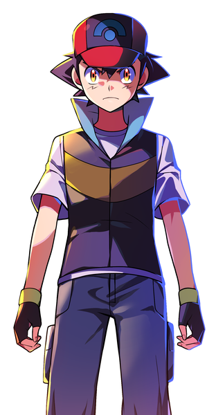 Anime picture 1239x2381 with pokemon pokemon dppt nintendo ash ketchum tuze111 single tall image looking at viewer fringe short hair black hair simple background hair between eyes standing white background yellow eyes shaded face boy gloves fingerless gloves