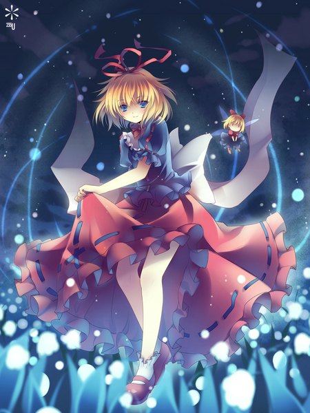 Anime picture 800x1067 with touhou medicine melancholy su-san rie (reverie) single tall image looking at viewer blush short hair blue eyes blonde hair girl dress flower (flowers) ribbon (ribbons) hair ribbon