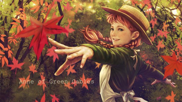Anime picture 1920x1080 with anne of green gables nippon animation world masterpiece theater anne shirley socha (socha00) socha (pixiv99744) single looking at viewer highres blue eyes smile wide image red hair braid (braids) parted lips looking back fingernails from behind realistic wallpaper
