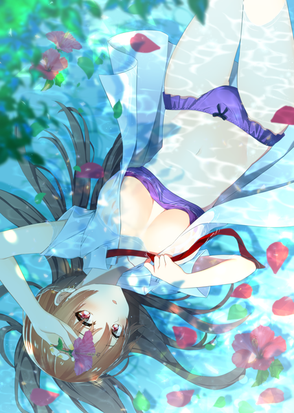 Anime picture 1500x2104 with original minamoto single long hair tall image looking at viewer blush fringe breasts open mouth light erotic hair between eyes red eyes brown hair holding payot outdoors from above blurry bare legs
