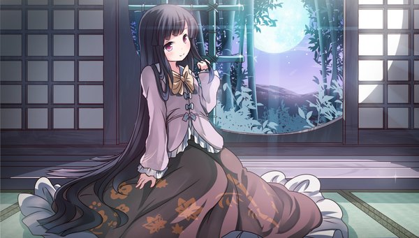 Anime picture 2205x1254 with touhou houraisan kaguya risutaru single looking at viewer blush fringe highres black hair wide image sitting full body indoors long sleeves very long hair pink eyes night night sky floral print girl