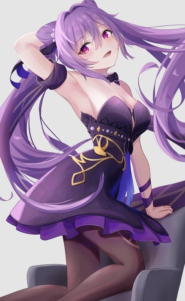 Anime picture 1275x2076 with genshin impact keqing (genshin impact) keqing (opulent splendor) (genshin impact) sunfee single long hair tall image blush fringe breasts open mouth light erotic simple background smile hair between eyes white background purple eyes twintails bare shoulders payot