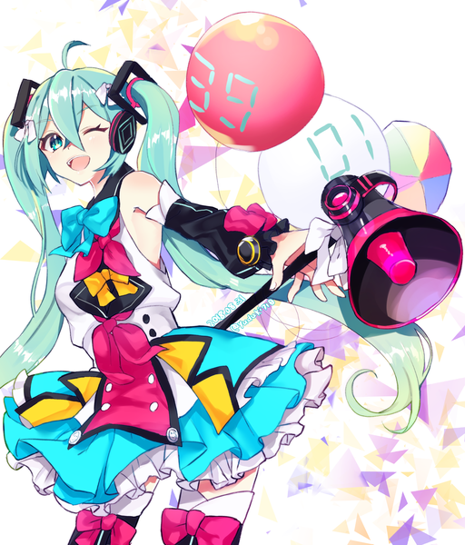 Anime picture 3498x4093 with vocaloid magical mirai (vocaloid) hatsune miku magical mirai miku magical mirai miku (2018) nekomiya noru (yuduki710) single long hair tall image looking at viewer fringe highres open mouth hair between eyes twintails signed absurdres ahoge :d one eye closed