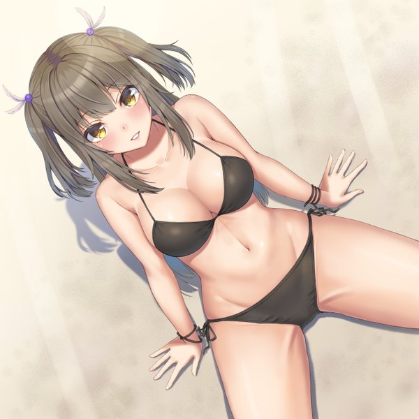 Anime-Bild 2591x2591 mit original irise single long hair blush fringe highres breasts light erotic brown hair large breasts sitting bare shoulders yellow eyes payot cleavage parted lips from above arm support two side up