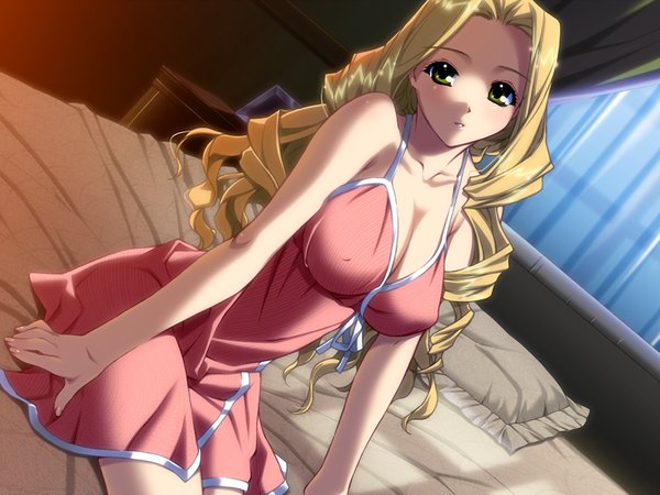 Anime picture 1200x900 with izayoi no hanayome honnou yukari ino single long hair looking at viewer breasts light erotic blonde hair large breasts sitting green eyes yellow eyes game cg wavy hair girl pillow bed nightie