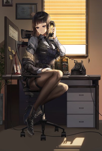 Anime picture 4000x5930 with original kim eb single long hair tall image fringe highres brown hair sitting holding signed looking away absurdres full body bent knee (knees) indoors blunt bangs long sleeves off shoulder mole