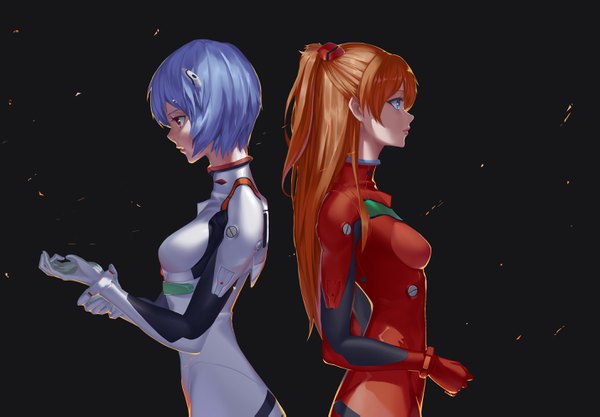 Anime picture 2860x1989 with neon genesis evangelion gainax soryu asuka langley ayanami rei takamitsu-kun long hair highres short hair blue eyes simple background red eyes standing multiple girls blue hair profile orange hair black background back to back girl 2 girls