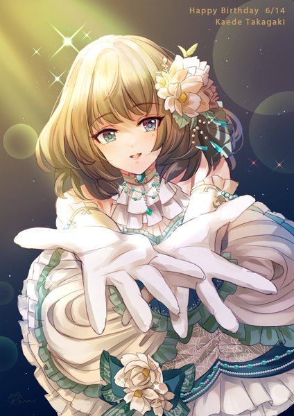 Anime picture 800x1132 with idolmaster idolmaster cinderella girls idolmaster cinderella girls starlight stage takagaki kaede kevn single tall image looking at viewer blush fringe short hair open mouth blue eyes smile standing green eyes signed :d hair flower green hair