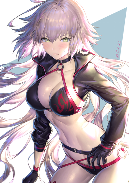 Anime picture 673x953 with fate (series) fate/grand order jeanne d'arc (fate) (all) jeanne d'arc alter (fate) jeanne d'arc alter (swimsuit berserker) (fate) senchat single long hair tall image looking at viewer blush fringe breasts light erotic hair between eyes large breasts green eyes signed silver hair open jacket