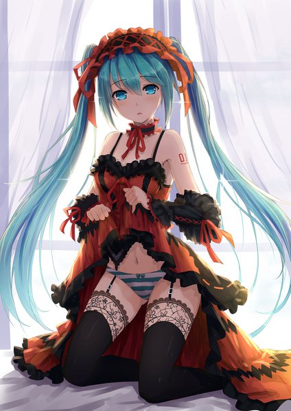 Anime picture 849x1200 with date a live vocaloid hatsune miku tokisaki kurumi byakuya reki single long hair tall image looking at viewer blush fringe breasts open mouth light erotic hair between eyes sitting twintails bare shoulders full body bent knee (knees)