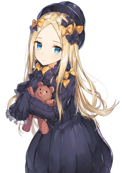 Anime picture 2480x3507 with fate (series) fate/grand order abigail williams (fate) rikoma single long hair tall image looking at viewer highres simple background blonde hair white background long sleeves from above revision girl dress bow hair bow hat