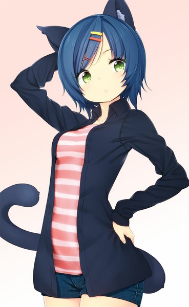 Anime picture 677x1100 with original zizi (zz22) single tall image looking at viewer open mouth standing green eyes animal ears blue hair tail cat ears open clothes open jacket hand on hip gradient background girl hair ornament jacket shorts