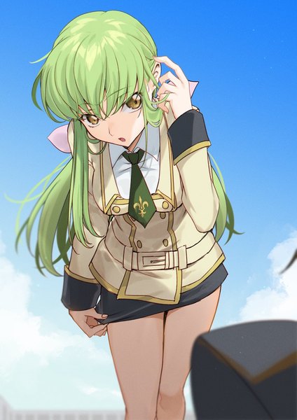 Anime picture 800x1131 with code geass sunrise (studio) c.c. creayus single long hair tall image fringe breasts open mouth hair between eyes standing yellow eyes looking away sky cloud (clouds) outdoors long sleeves arm up green hair
