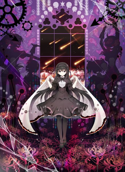 Anime picture 1093x1500 with mahou shoujo madoka magica shaft (studio) akemi homura kaname madoka sakura kyouko miki sayaka tomoe mami rednian long hair tall image looking at viewer black hair twintails purple eyes multiple girls ponytail shadow silhouette magical girl abstract