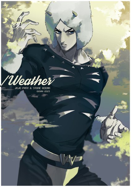 Anime picture 1200x1703 with jojo no kimyou na bouken weather report doran7280 single tall image blue eyes standing looking away cloud (clouds) parted lips arm up copyright name character names boy belt cap