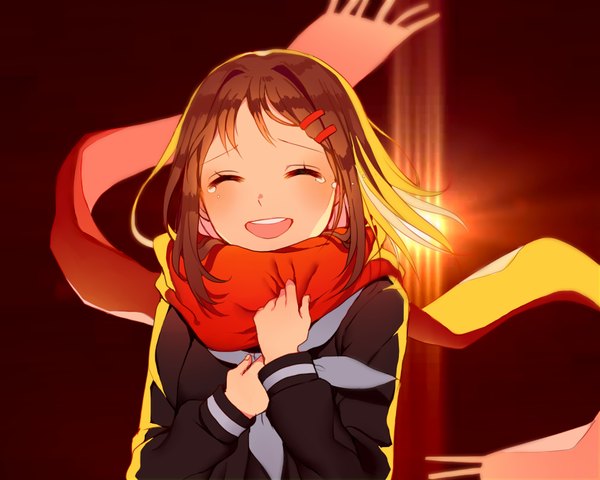 Anime picture 1000x800 with kagerou project shaft (studio) tateyama ayano azit (down) single blush fringe short hair open mouth smile brown hair standing payot upper body eyes closed tears ^ ^ ^o^ happy tears girl