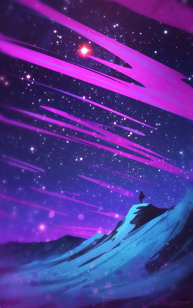 Аниме картинка 640x1021 с оригинальное изображение zandraart один (одна) высокое изображение стоя подписанный ветер ночь ночное небо живописный неоднозначный пол звезда (звёзды)