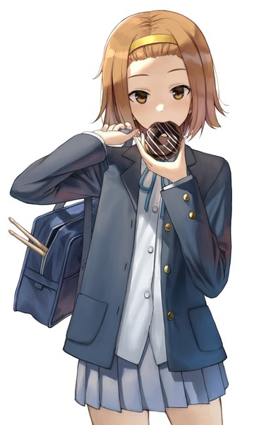Anime picture 2082x3400 with k-on! kyoto animation tainaka ritsu superpig (wlstjqdla) single tall image looking at viewer highres short hair simple background brown hair standing white background holding brown eyes long sleeves pleated skirt eating girl skirt