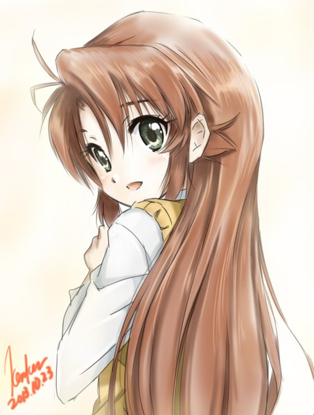 Anime picture 986x1306 with non non biyori silver link kem kem single long hair tall image blush open mouth simple background brown hair white background signed grey eyes girl