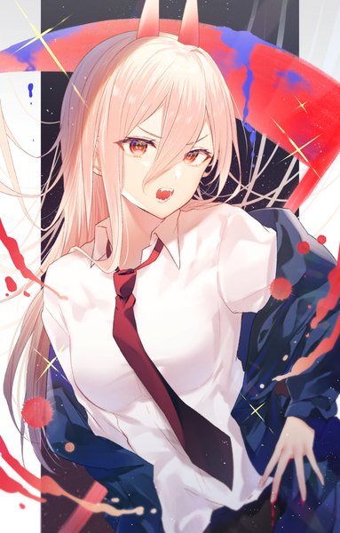 Anime picture 1000x1568 with chainsaw man mappa power (chainsaw man) gyozanuko single long hair tall image fringe open mouth hair between eyes red eyes pink hair upper body :d horn (horns) girl shirt necktie white shirt