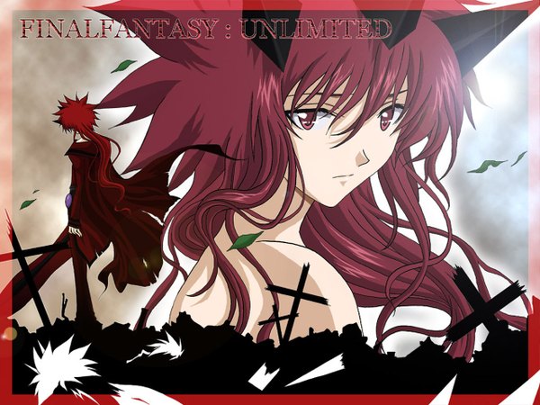 Anime picture 1280x960 with final fantasy unlimited final fantasy square enix akai kiri long hair fringe hair between eyes red eyes red hair wind wallpaper copyright name androgynous boy leaf (leaves) cross