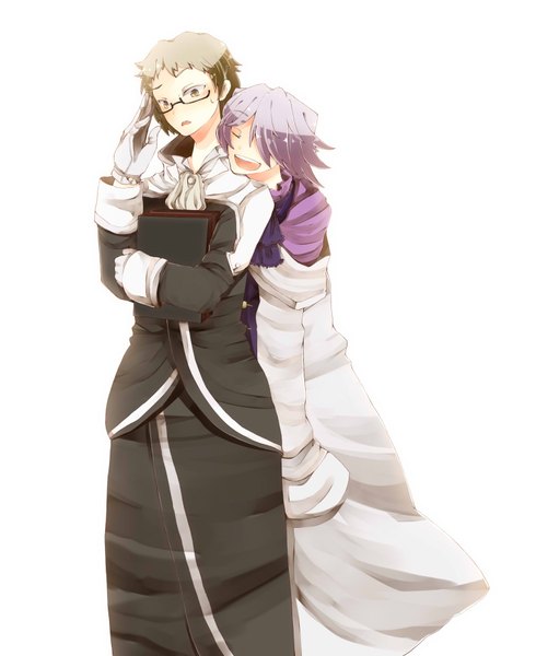 Anime picture 1500x1836 with pandora hearts xebec xerxes break reim lunettes tall image blush fringe short hair open mouth simple background white background brown eyes eyes closed hair over one eye multiple boys boy glasses 2 boys