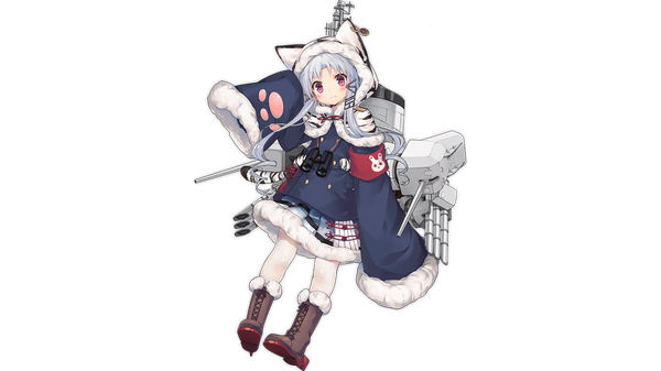 Anime picture 1920x1080 with azur lane chang chun (azur lane) jiang-ge single long hair looking at viewer blush highres wide image silver hair full body long sleeves pink eyes wallpaper fur trim transparent background :3 animal hood girl pantyhose