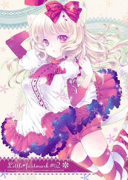 Anime picture 777x1087 with original katakuri tawawa single long hair tall image open mouth animal ears white hair pink eyes cat ears wavy hair girl thighhighs dress bow hair bow striped thighhighs